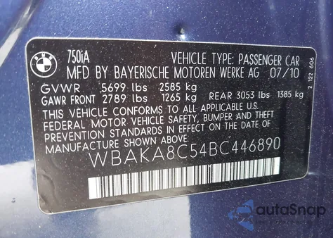 2011 BMW 750I from USA, damaged, VIN WBAKA8C54BC446890